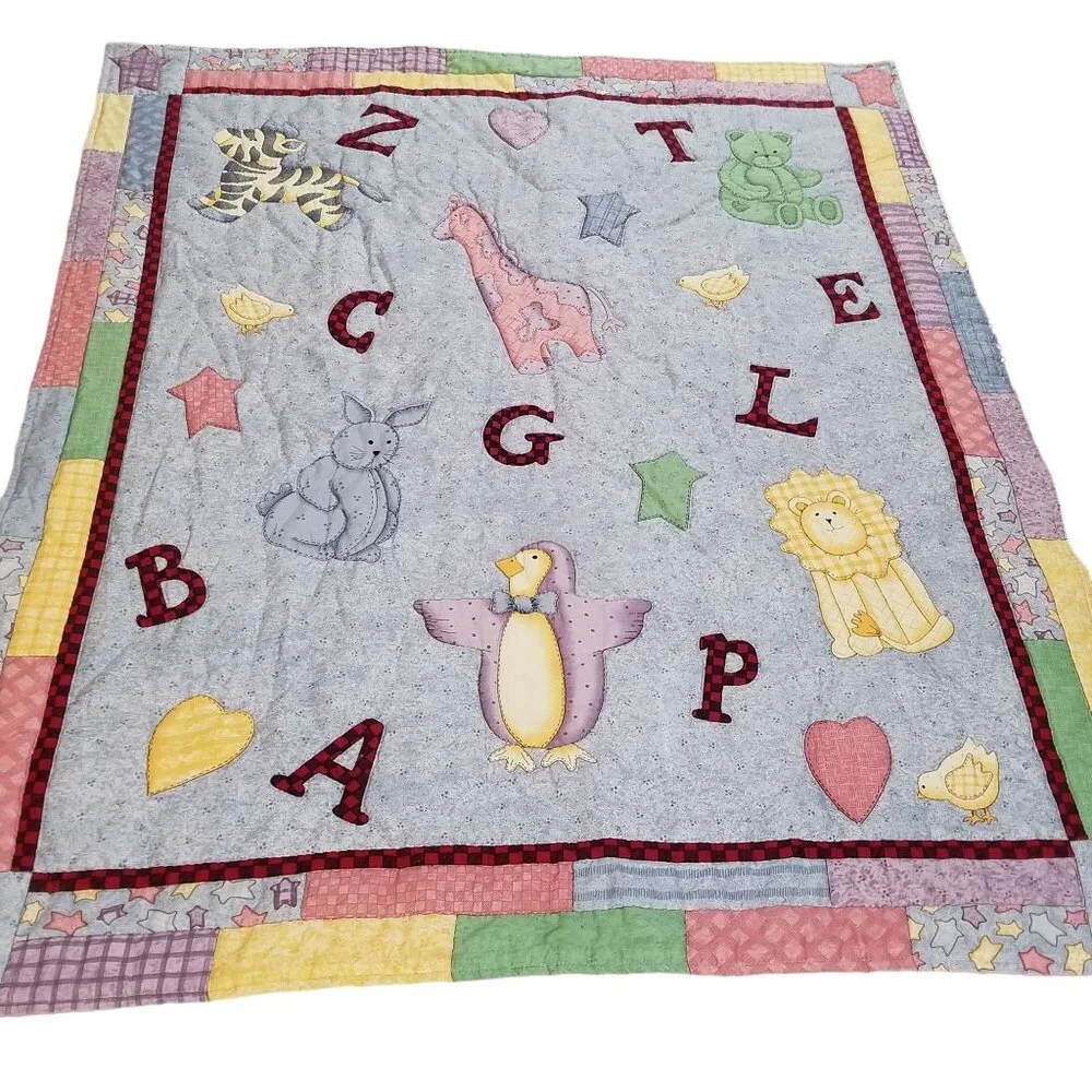 Baby Quilt Throw Crib Alphabet Zoo Animals Blue Pink Bear Lion Rabbit Stitched 3